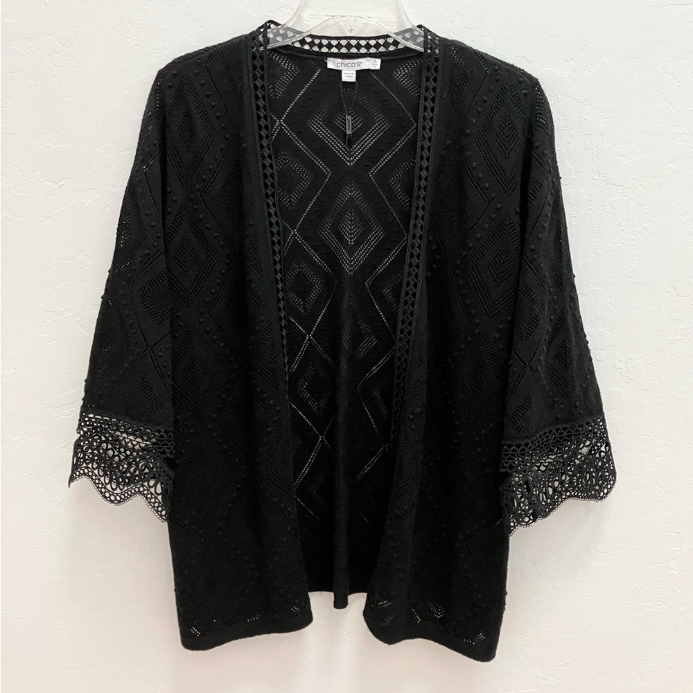 Chico’s Crochet Knit Open Front Black Cardigan, Size Small, NWOT